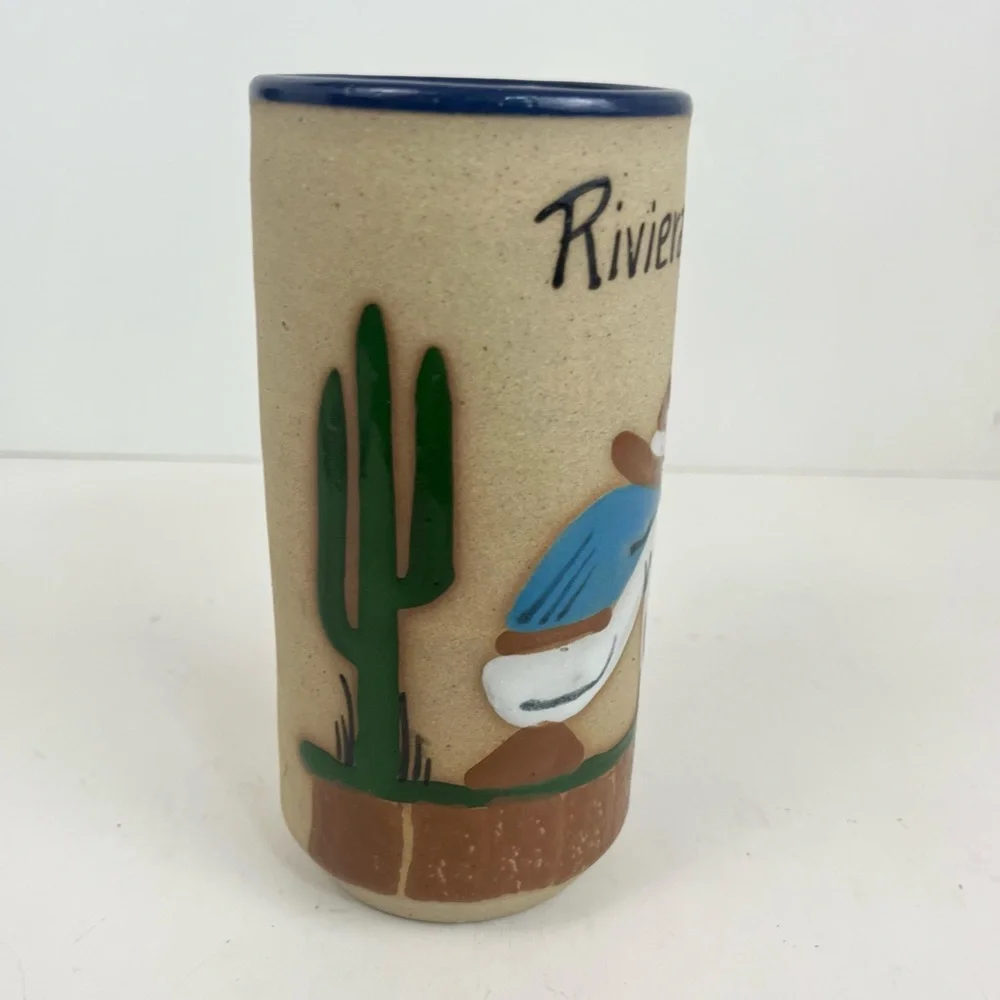 Tonala Mexican Pottery Hand Painted Art Man In Sombrero Cactus Signed 6” Vase